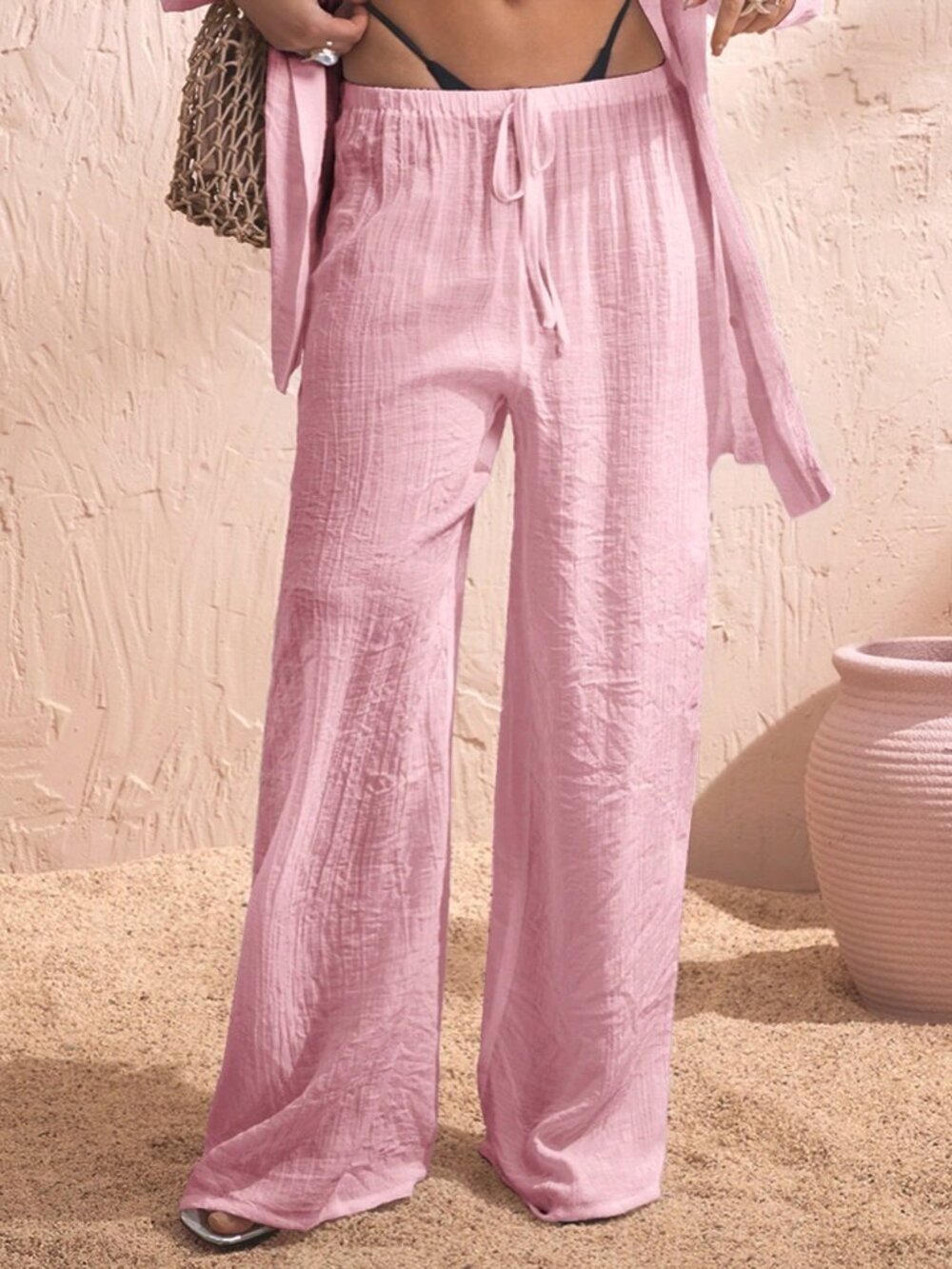 Baby Pink Women's Beach Drawstring Wide Leg Pants - Picture 4 of 5